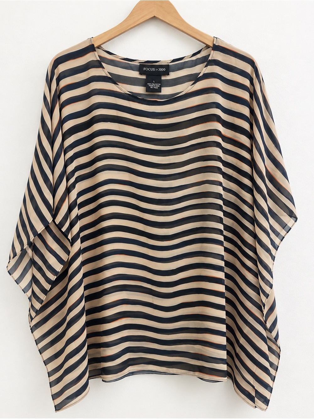 Focus 2000 Size L Sheer Striped Poncho Blouse Navy Cream Orange
